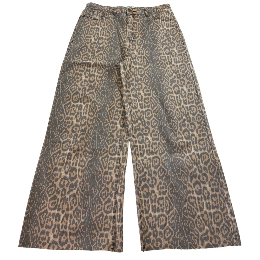 Y2K Easel Leopard Print Wide Leg Raw Hem Jeans Women's Size L Boho
